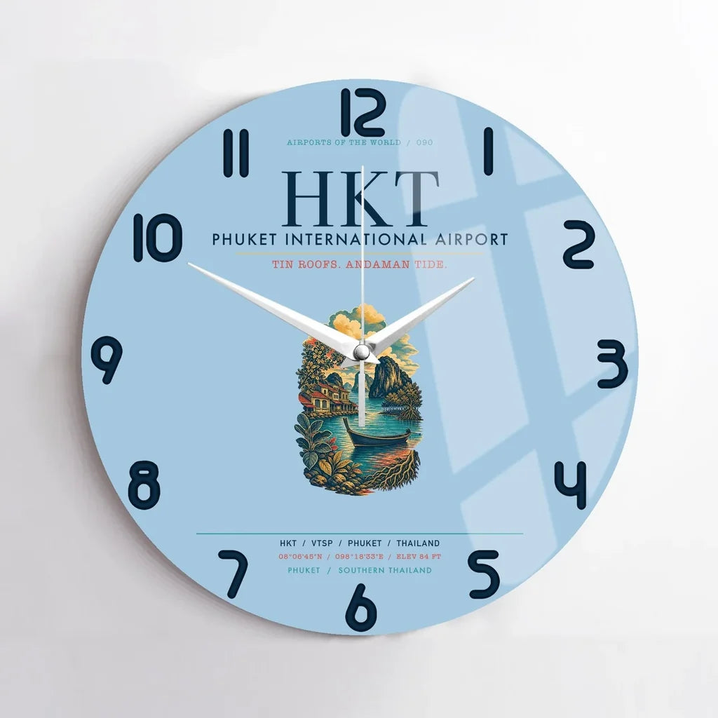 Phuket International Airport (HKT) design on light blue no frame wall clock