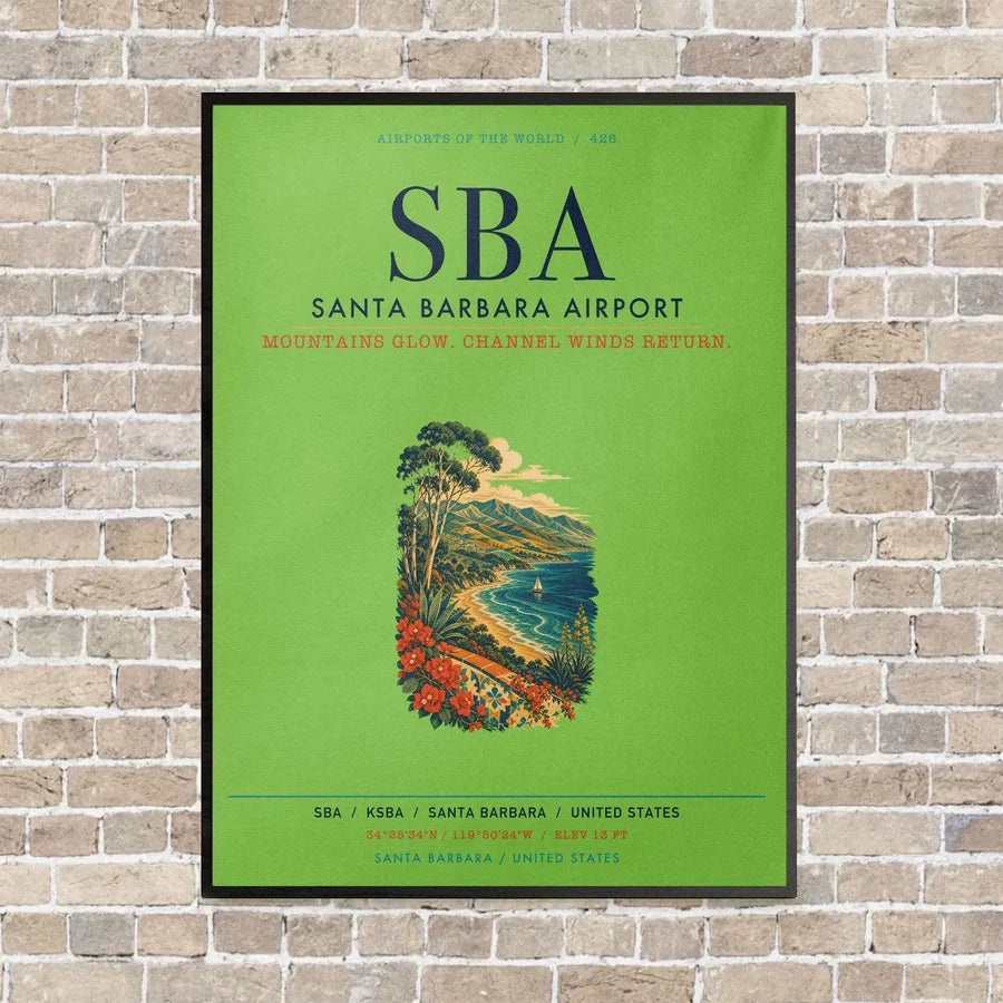 Santa Barbara Airport SBA vertical canvas print - framed - light green background