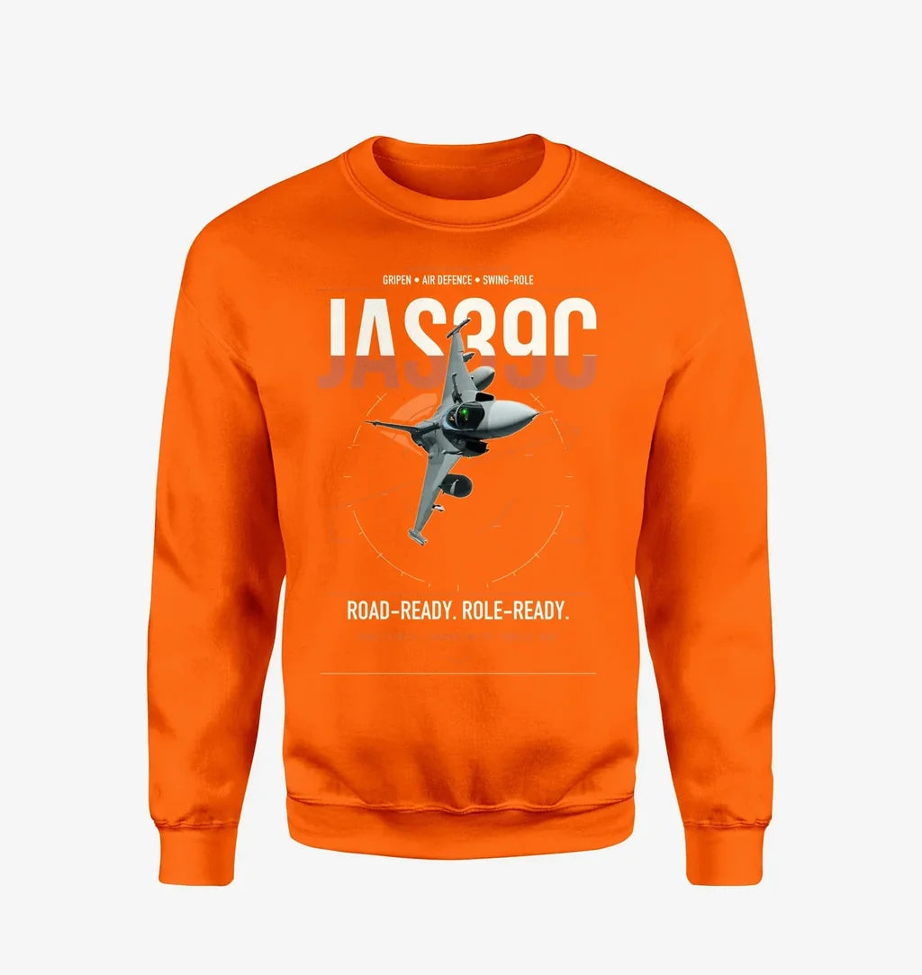 Saab JAS 39C Gripen design on orange sweatshirt