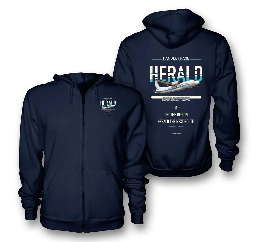 Handley Page HPR.7 Dart Herald design on navy blue zipped hoodie