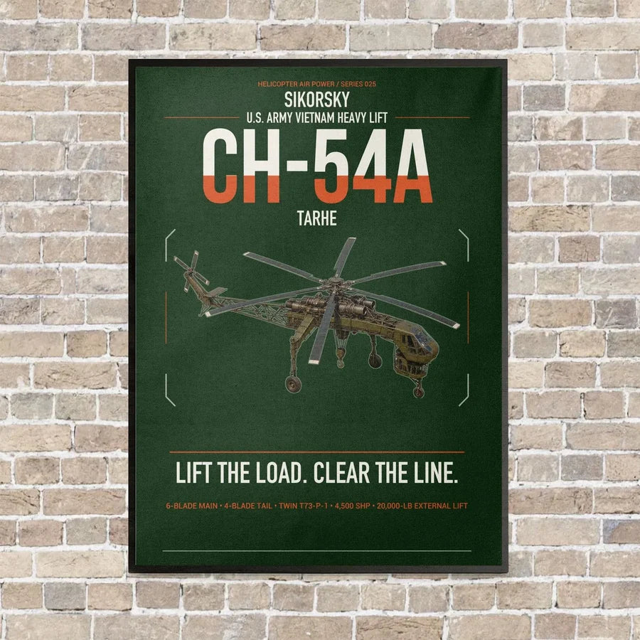 Sikorsky CH-54A Tarhe vertical canvas print - framed - dark green background
