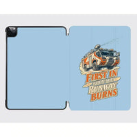 Thumbnail for First In When The Runway Burns design on light blue ipad tablet case