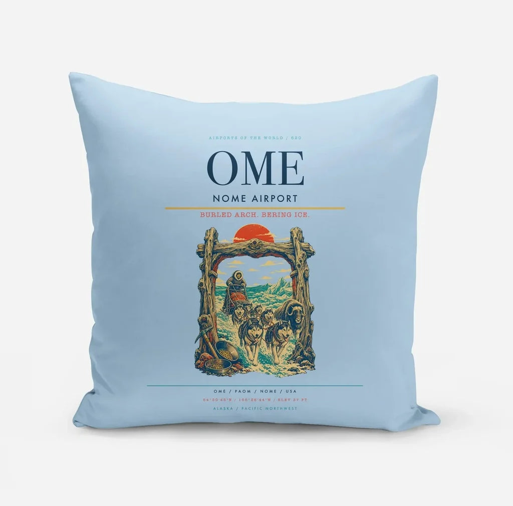 Nome Airport (OME) design on light blue pillow