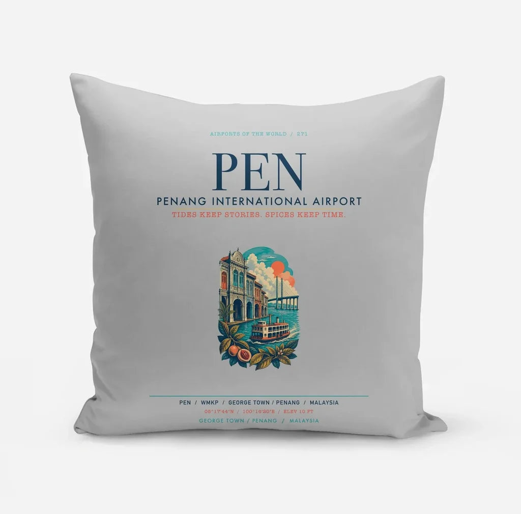 Penang International Airport (PEN) design on light gray pillow