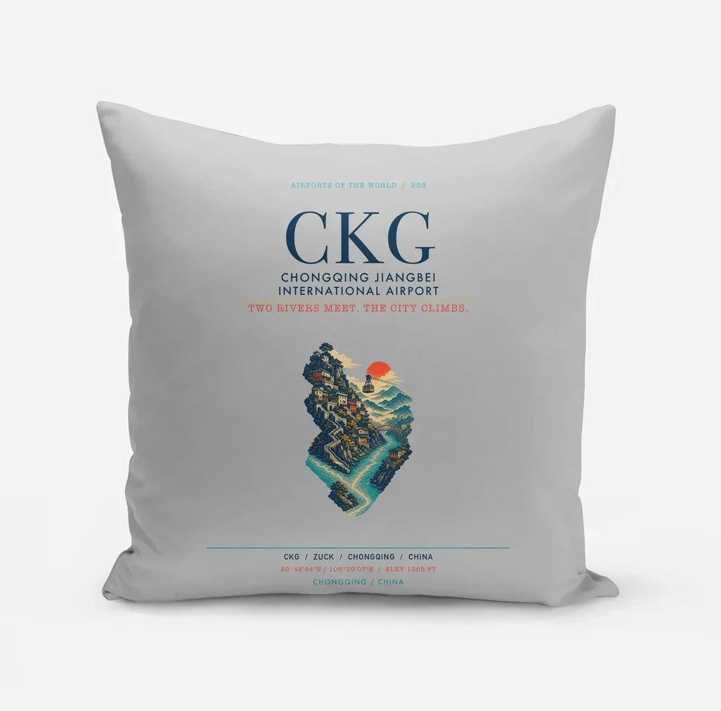 Chongqing Jiangbei International Airport (CKG) design on light gray pillow