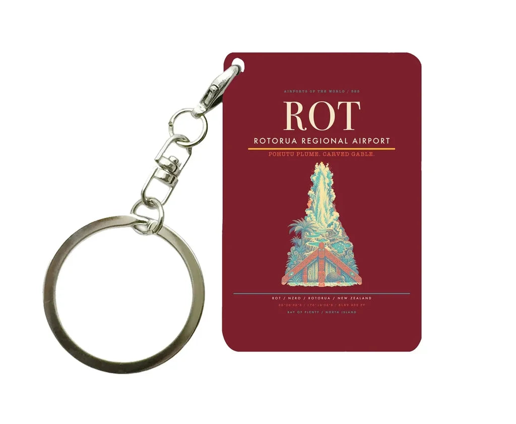 Rotorua Regional Airport ROT Key Chain design on dark red key chain