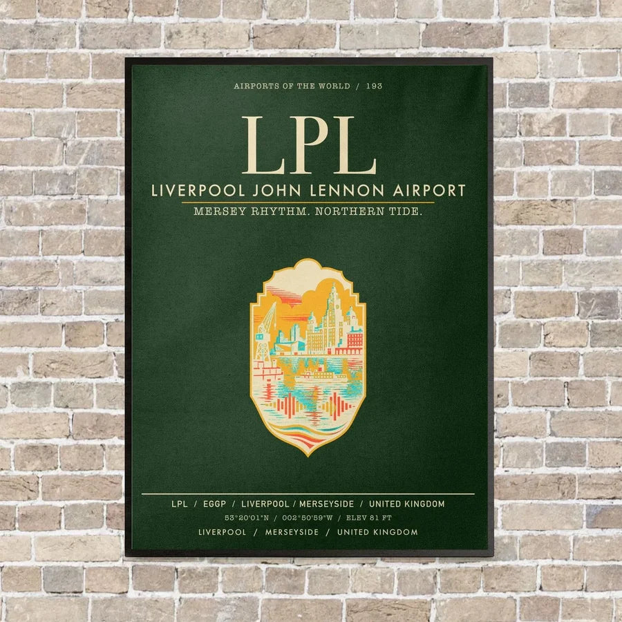 Liverpool John Lennon Airport LPL vertical canvas print - framed - dark green background