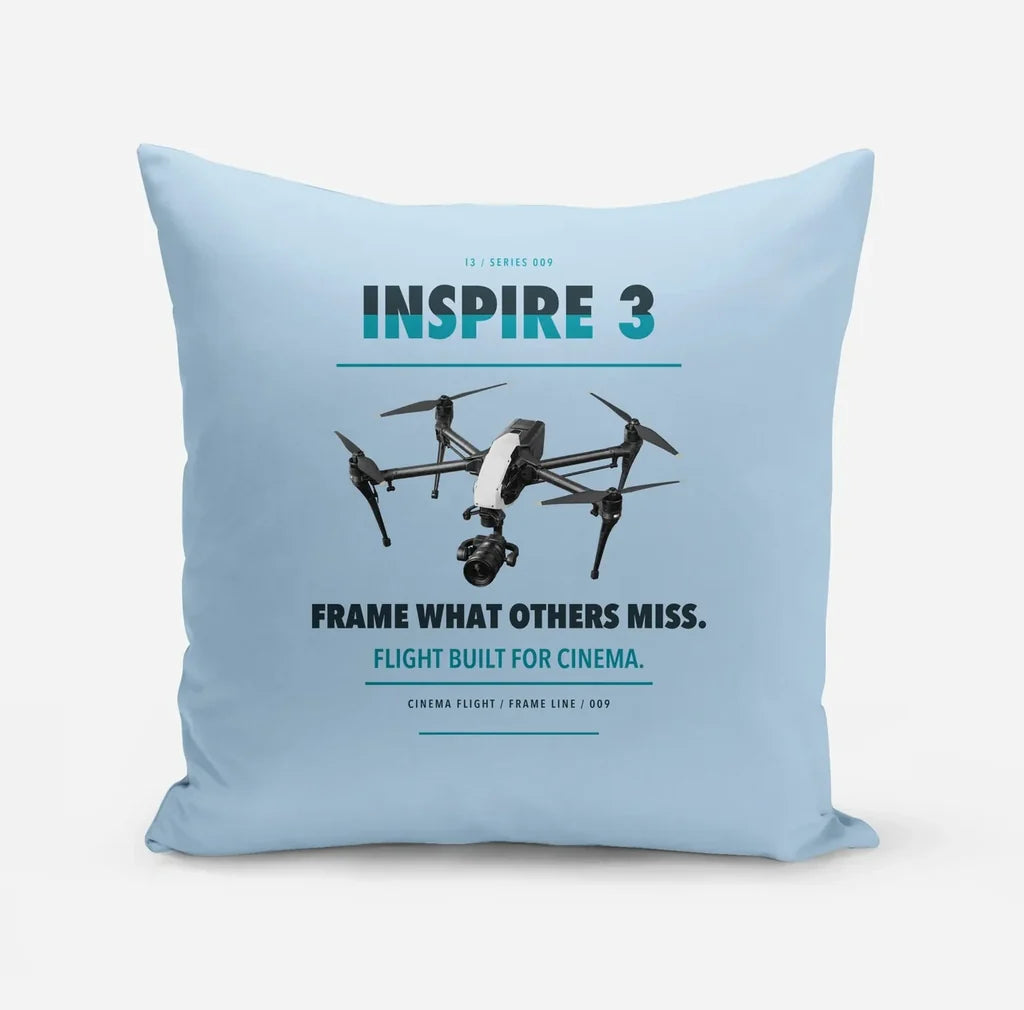 DJI Inspire 3 design on light blue pillow