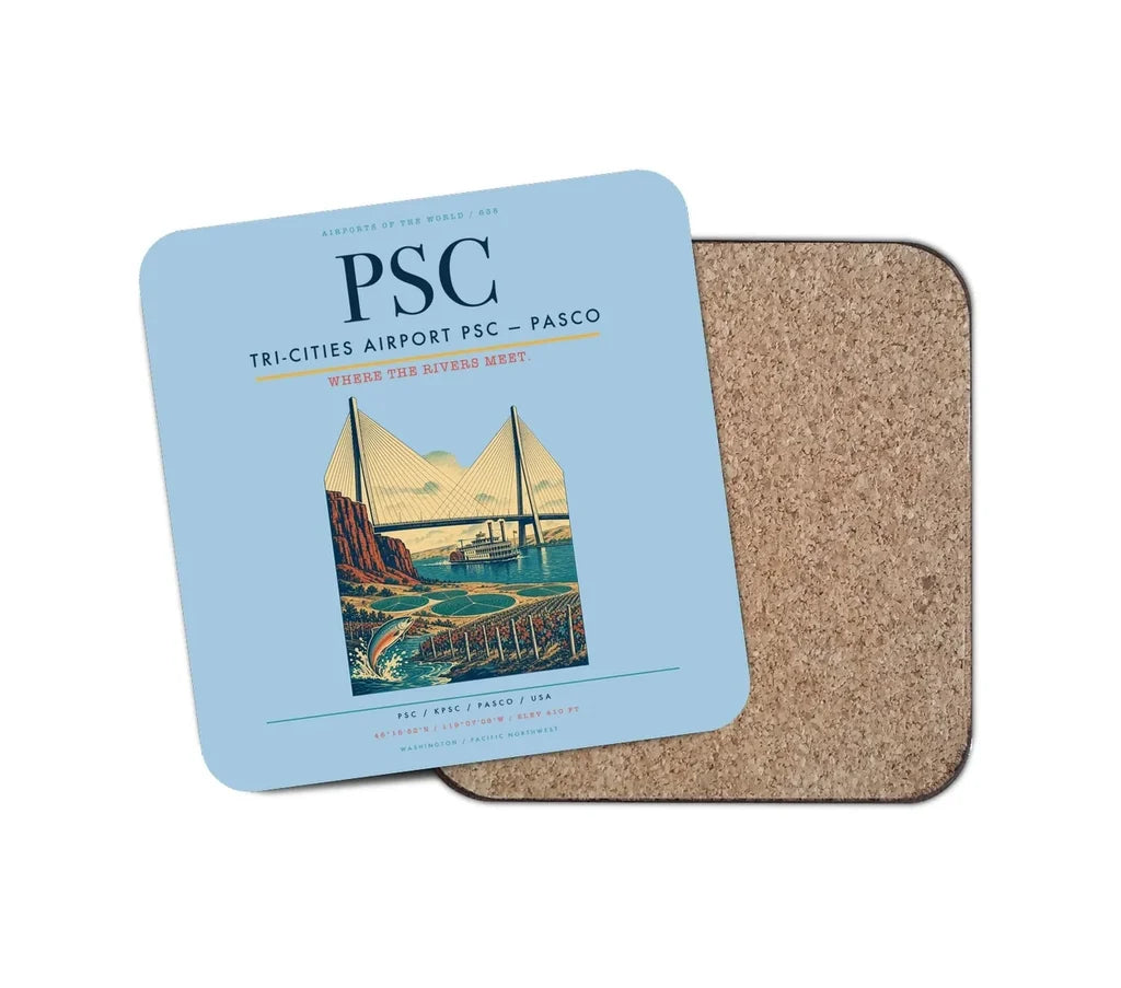 Tri-Cities Airport (PSC) design on light blue 1 piece coaster
