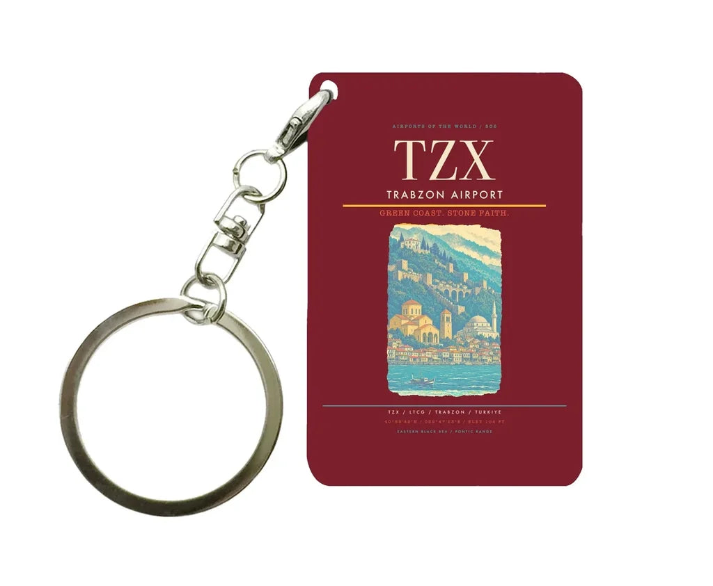 Trabzon Airport TZX Key Chain design on dark red key chain