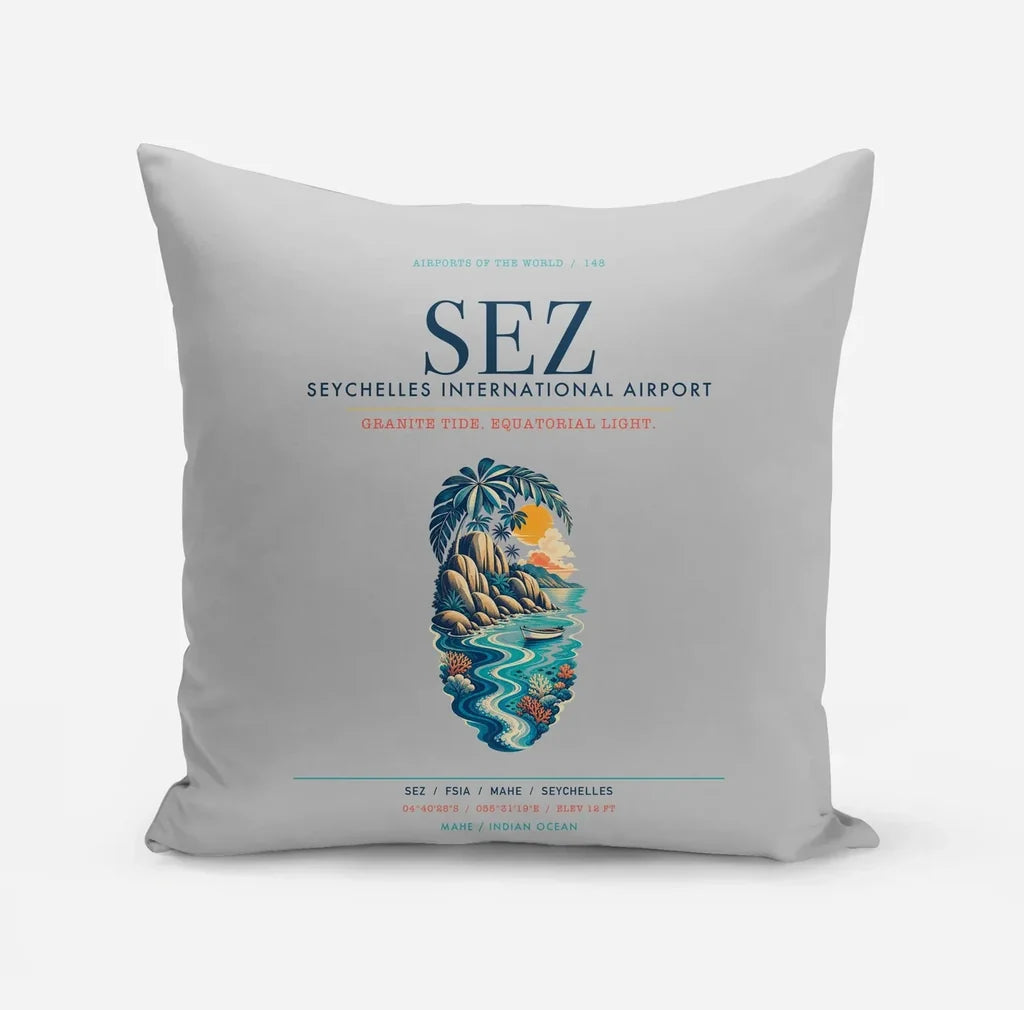 Seychelles International Airport (SEZ) design on light gray pillow