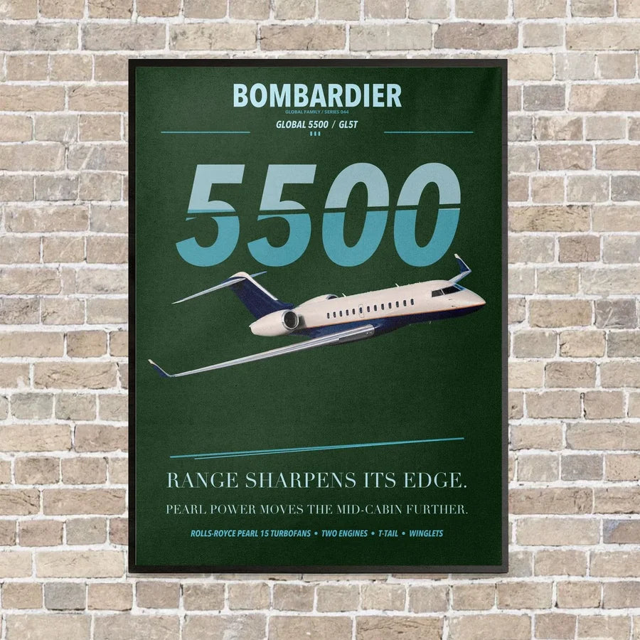 Bombardier Global 5500 vertical canvas print - framed - dark green background