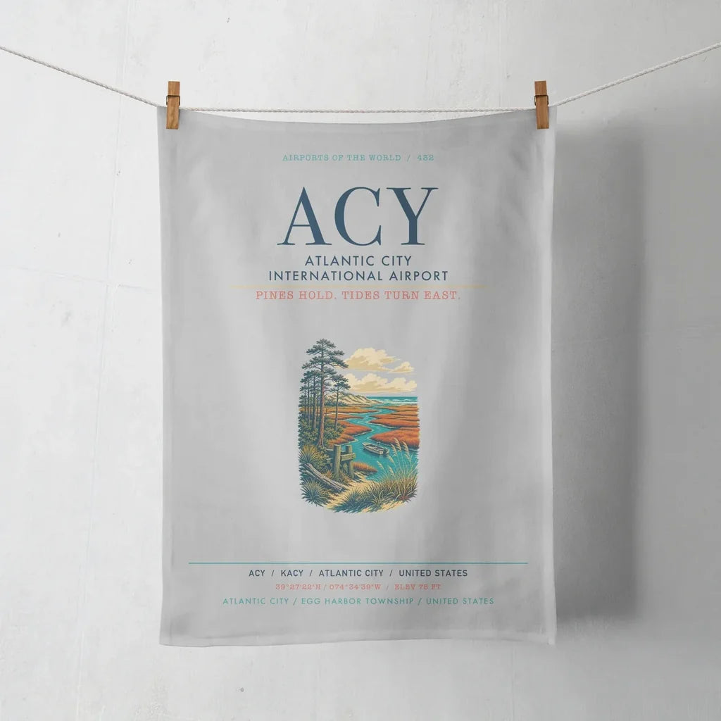 Atlantic City International Airport (ACY) design on light gray towel