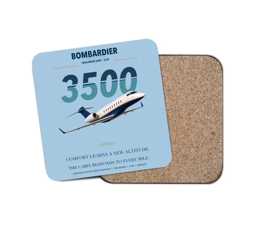 Bombardier Challenger 3500 design on light blue 1 piece coaster