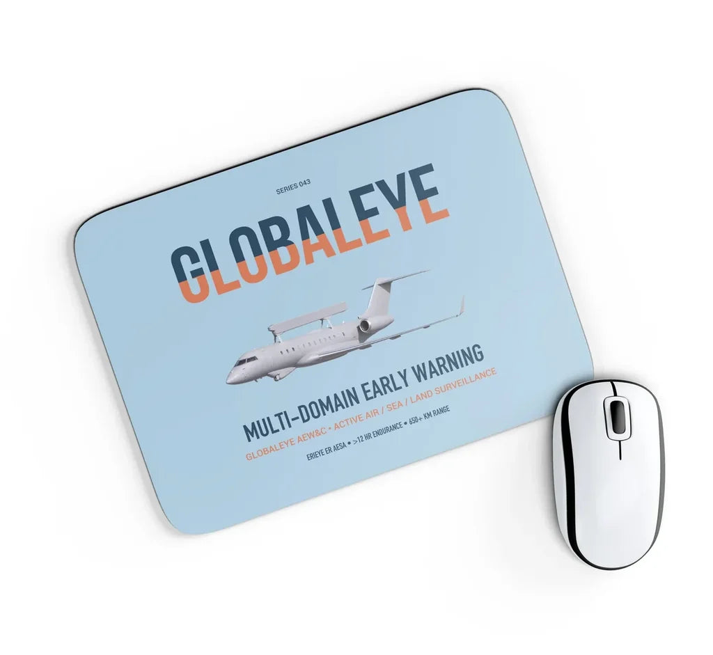Saab GlobalEye design on light blue rectangle mouse pad