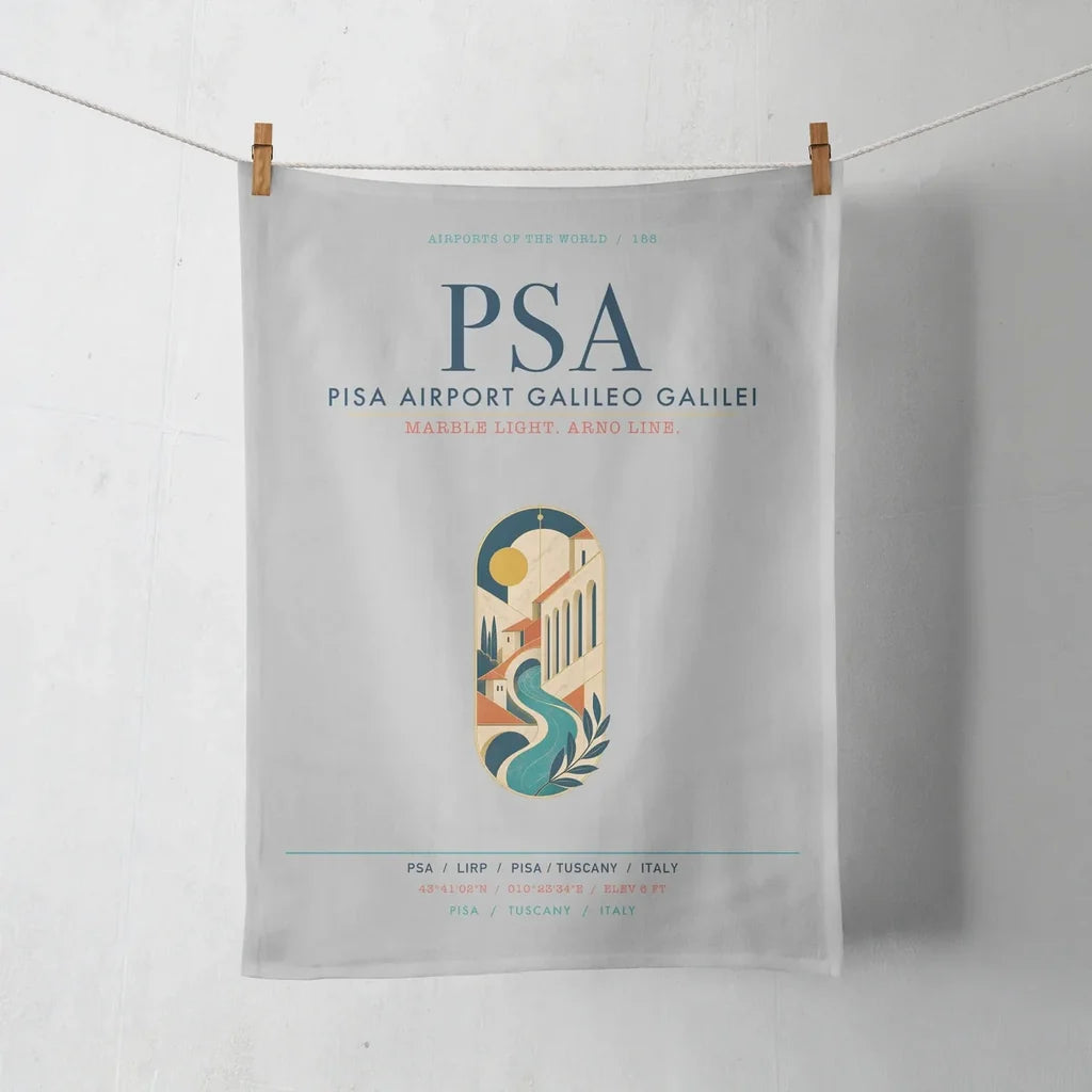 Pisa Airport Galileo Galilei (PSA) design on light gray towel