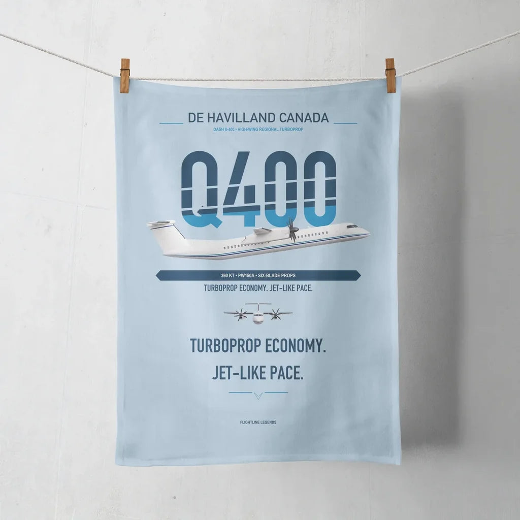De Havilland Dash 8-400 design on light blue towel
