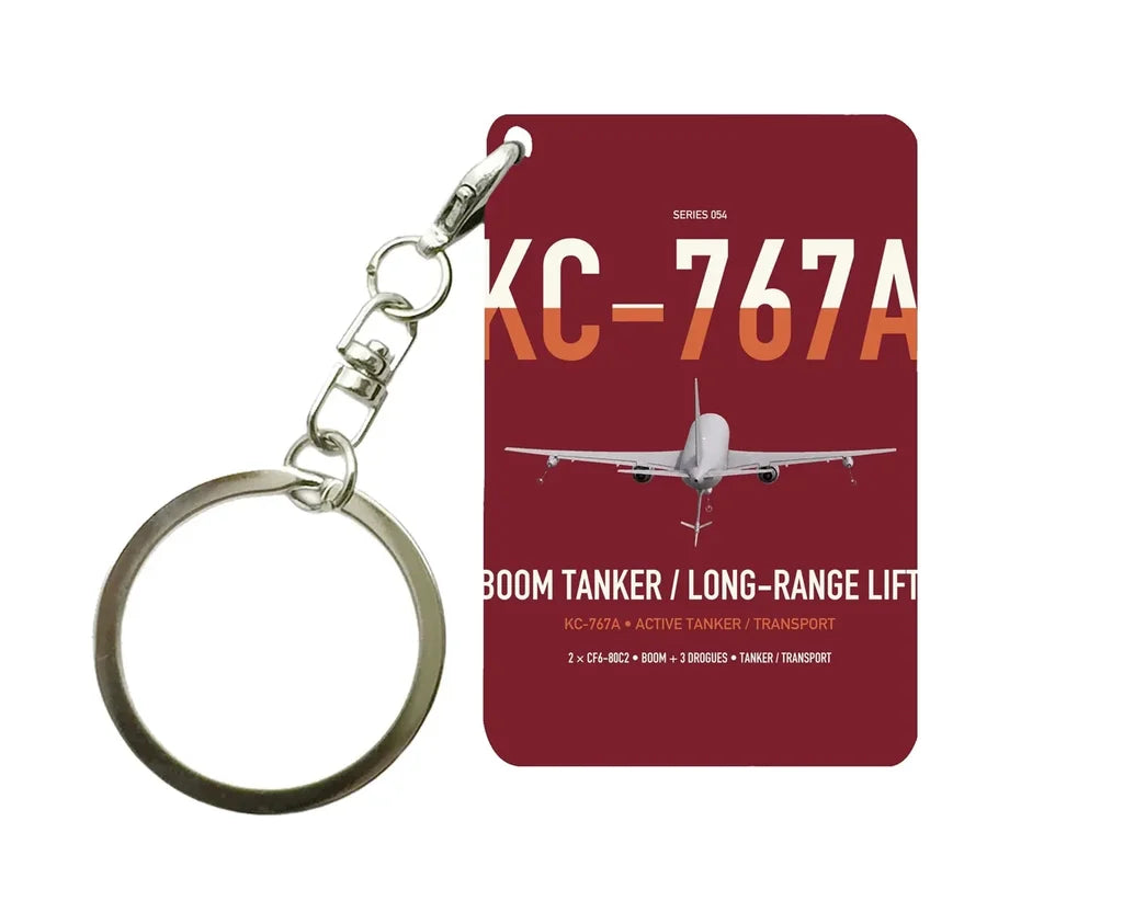 Boeing KC-767A design on dark red designed key chain, double-side print