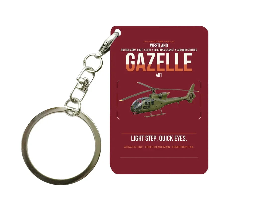 Westland Gazelle AH1 design on dark red designed key chain, double-side print