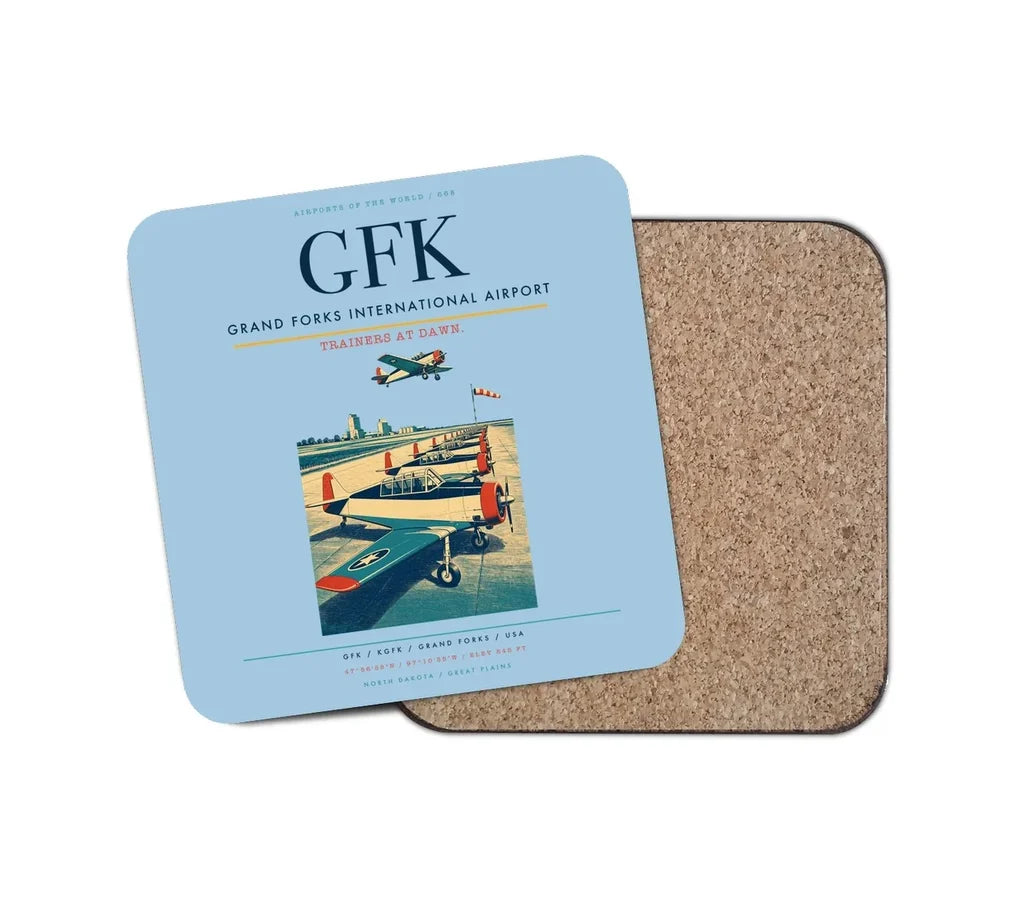 Grand Forks International Airport (GFK) design on light blue 1 piece coaster