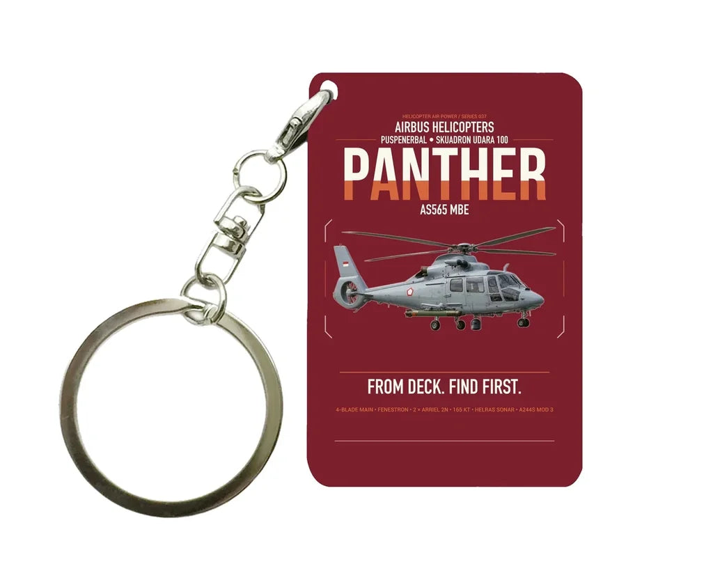 Airbus Helicopters AS565 MBe Panther design on dark red designed key chain, double-side print