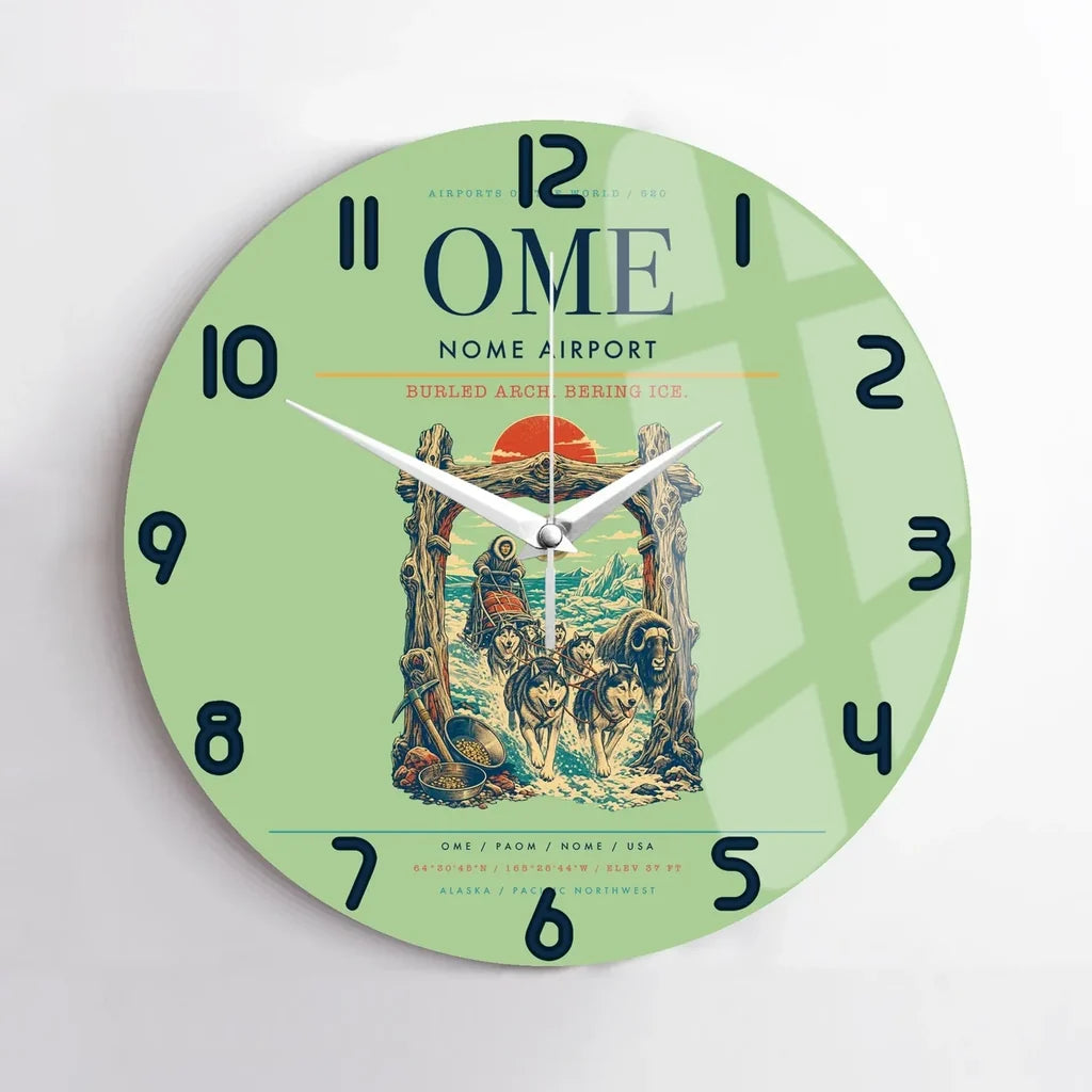 Nome Airport (OME) design on light green no frame wall clock