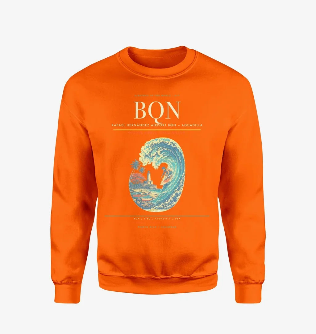 Rafael Hernández Airport (BQN) design on orange sweatshirt