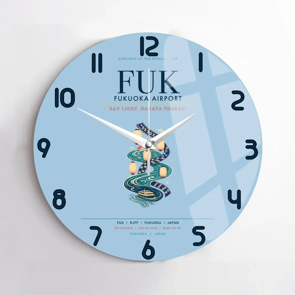 Fukuoka Airport (FUK) design on light blue no frame wall clock