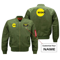 Thumbnail for Scoot Airlines aviation design with custom name embroidered on green bomber jacket