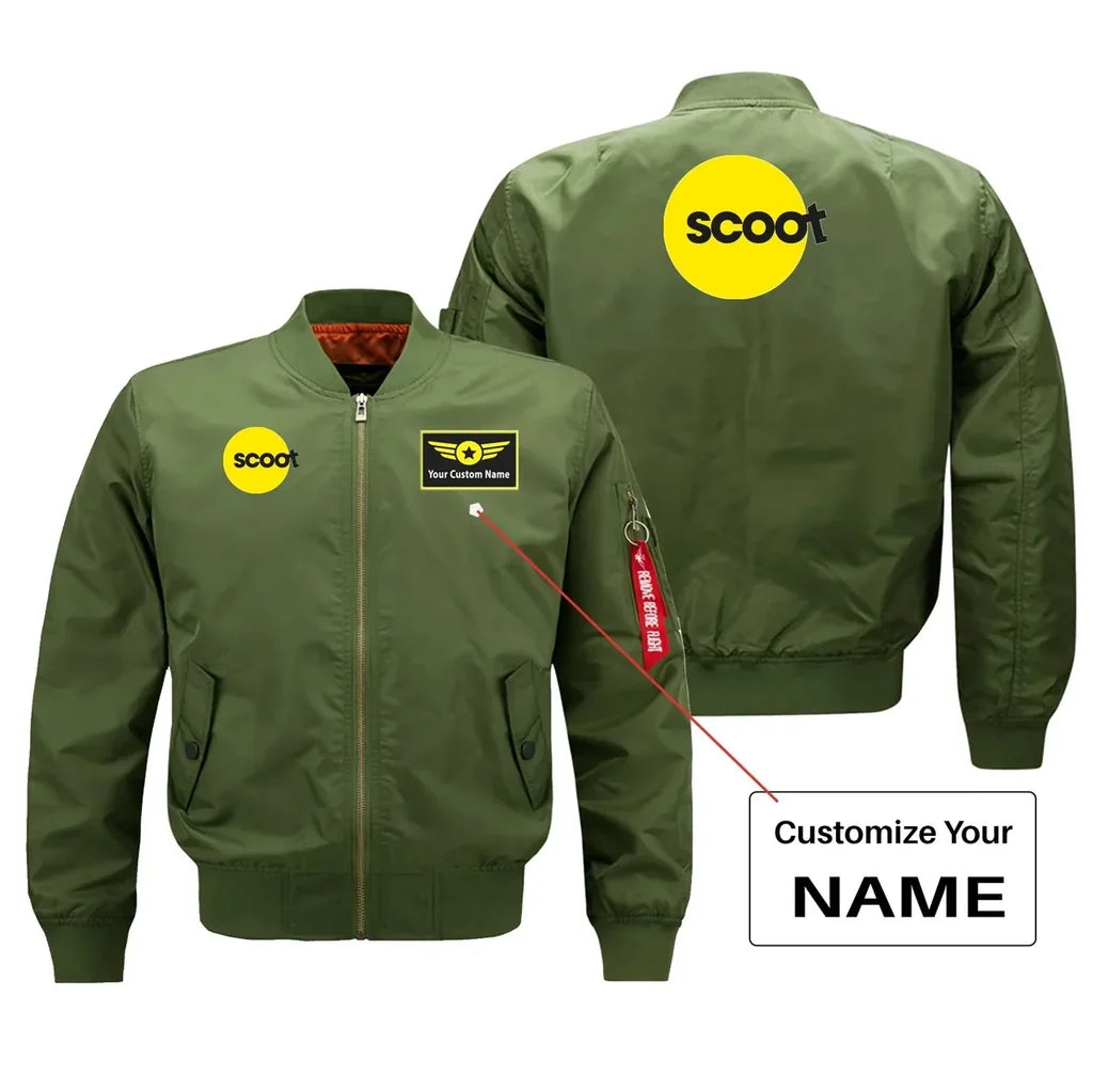 Scoot Airlines aviation design with custom name embroidered on green bomber jacket