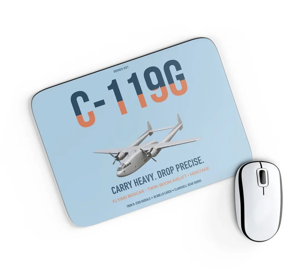 C-119G Flying Boxcar design on light blue rectangle mouse pad
