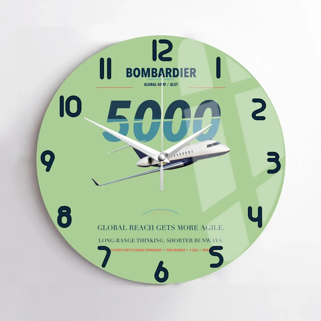 Bombardier Global 5000 design on light green no frame wall clock