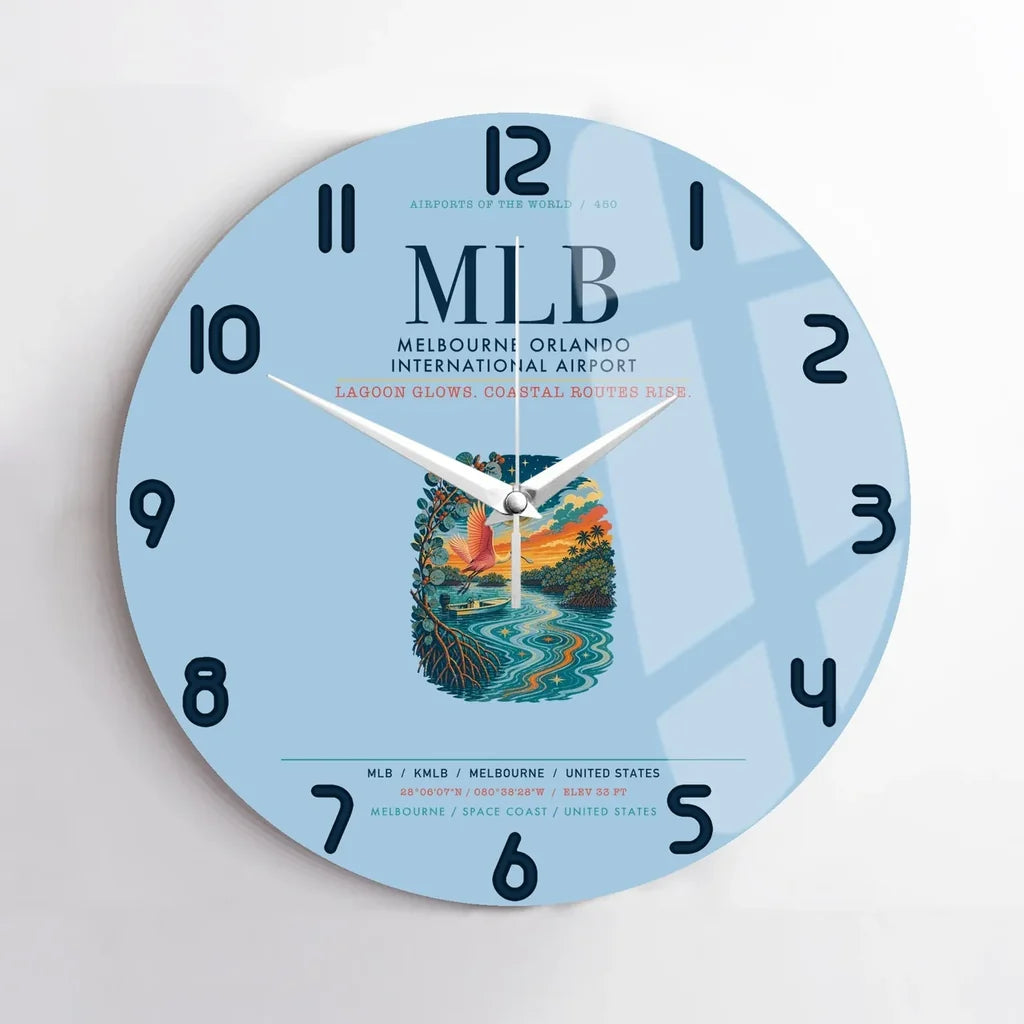 Melbourne Orlando International Airport (MLB) design on light blue no frame wall clock