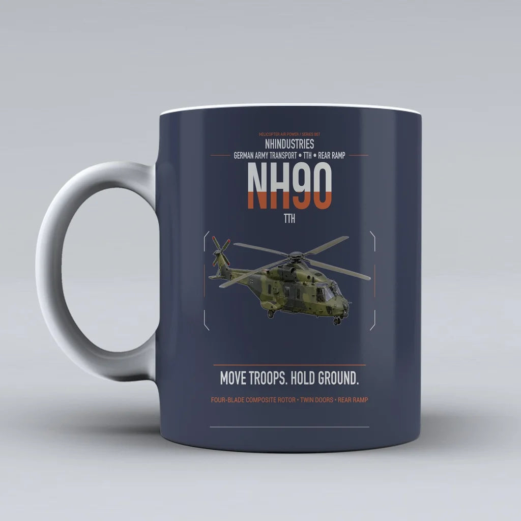 NHIndustries NH90 TTH design on dark blue ceramic mug, double-side print