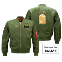 Thumbnail for Fes (FEZ) design on green bomber jacket with custom name patch