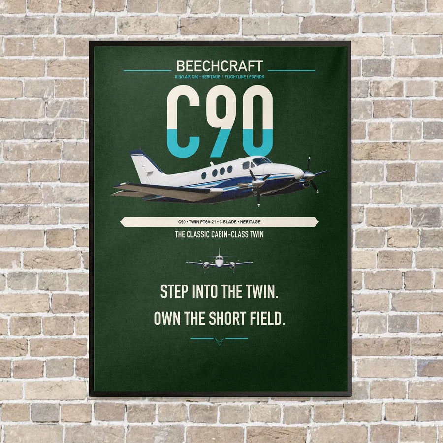 Beechcraft King Air C90 vertical canvas print - framed - dark green background