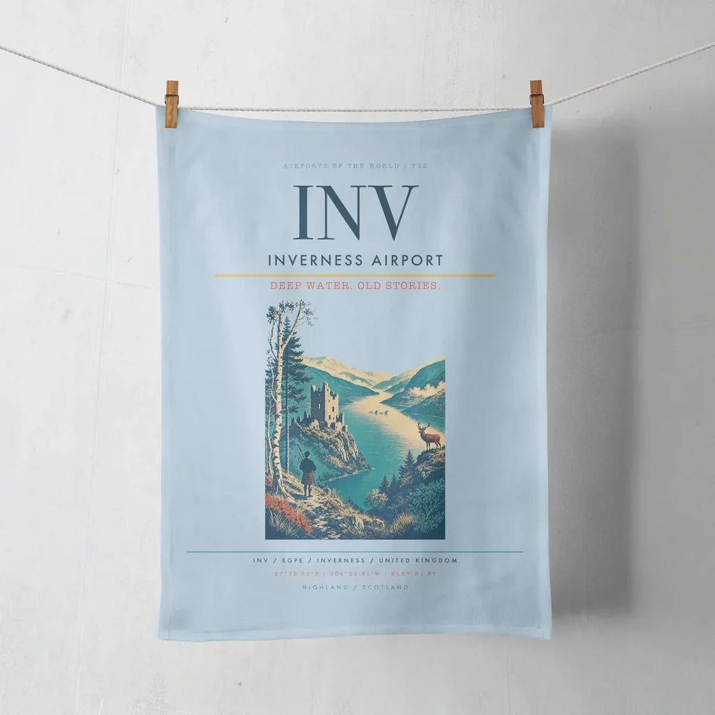 Inverness Airport (INV) design on light blue towel