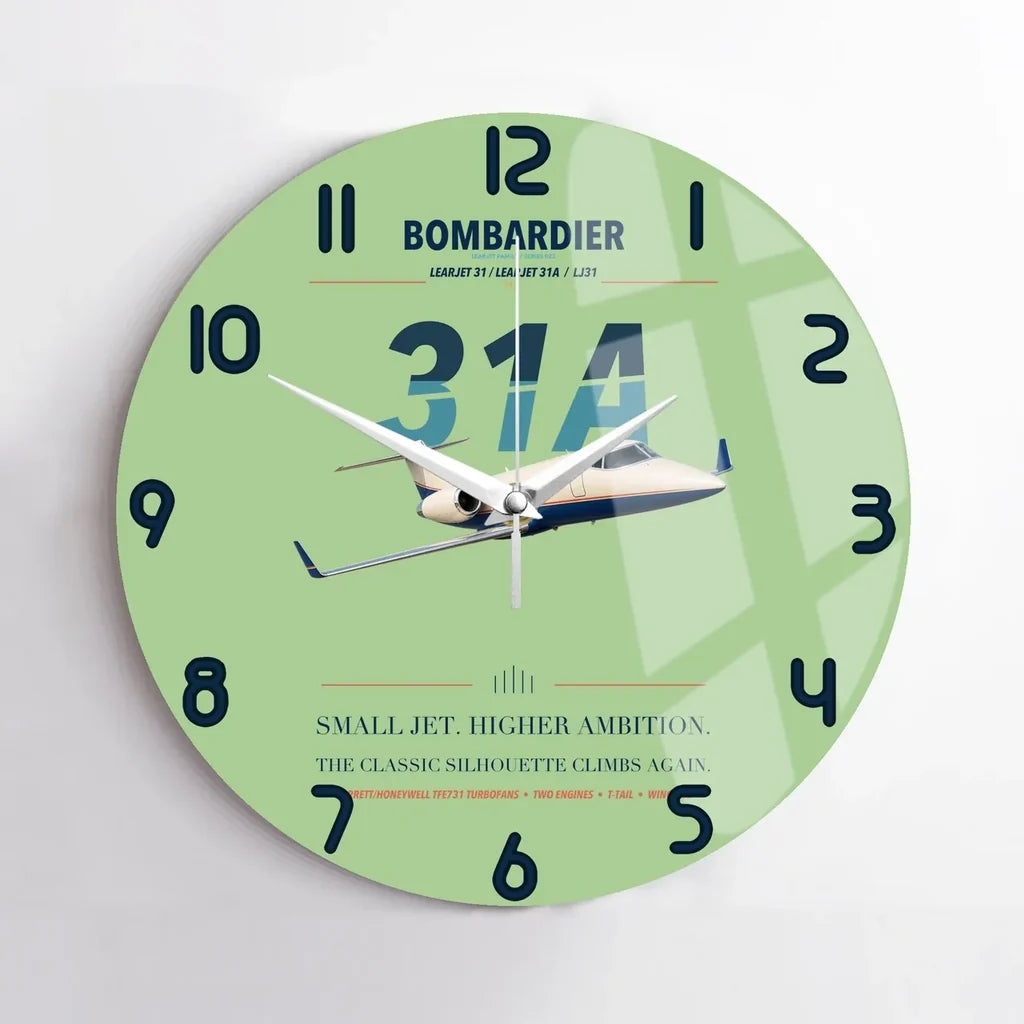 Bombardier Learjet 31A design on light green no frame wall clock