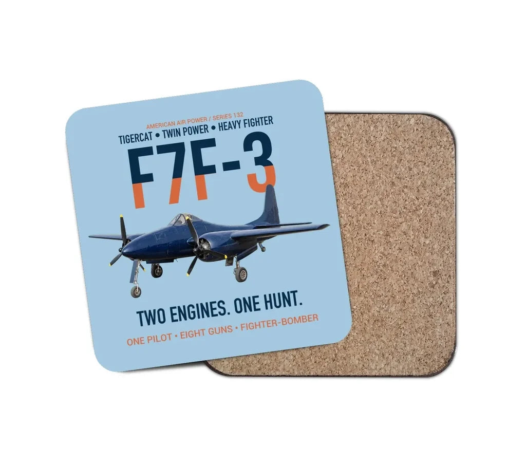 F7F-3 Tigercat Two Engines One Hunt design on light blue 1 piece coaster