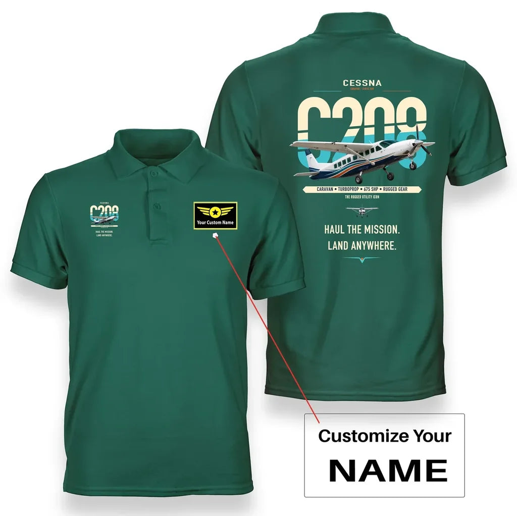 Cessna 208 Caravan design on green+name double-side polo t-shirt, double-side print