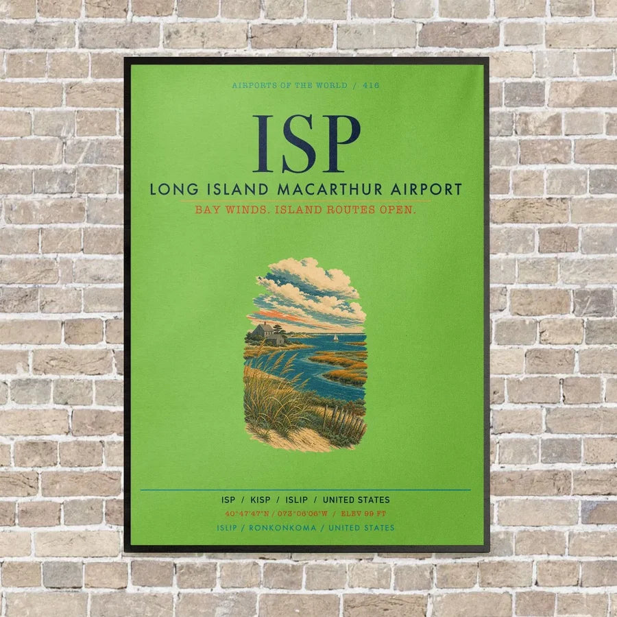 Long Island MacArthur Airport ISP vertical canvas print - framed - light green background