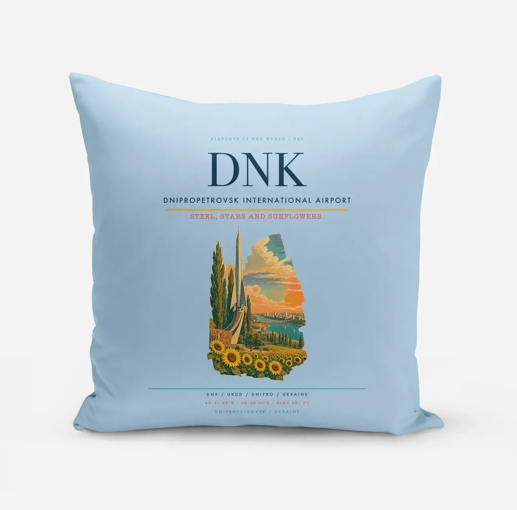 Dnipropetrovsk International Airport (DNK) design on light blue pillow