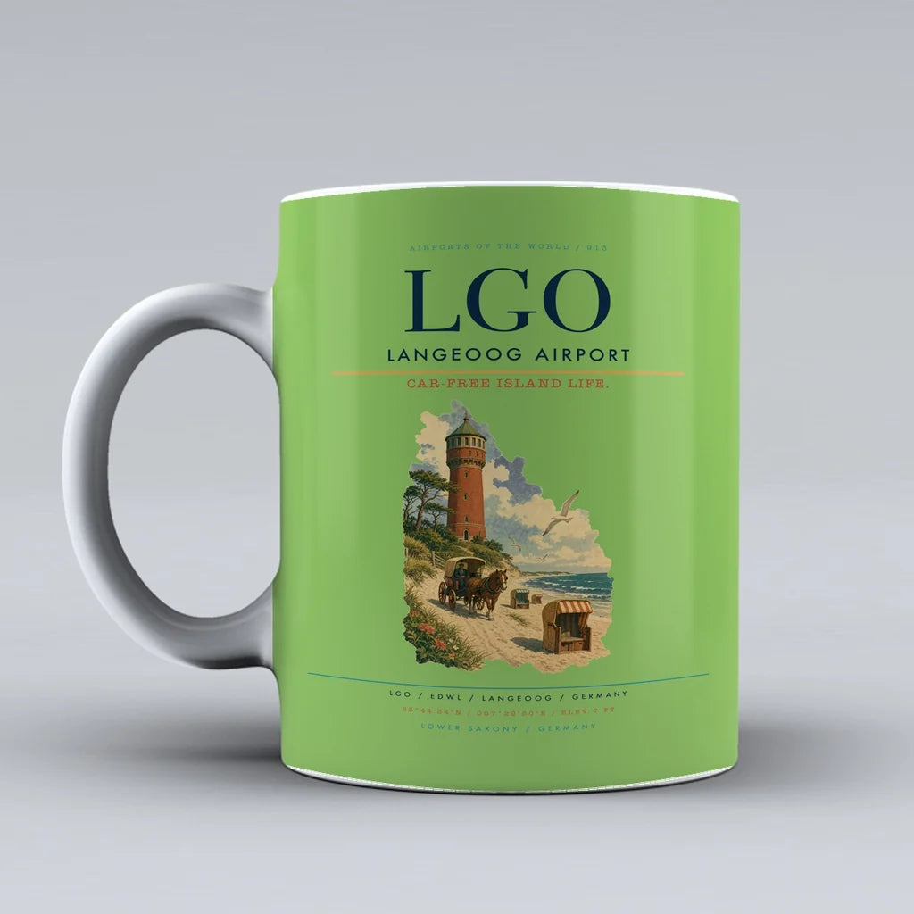 Langeoog Airport (LGO) airport code design on light green ceramic mug