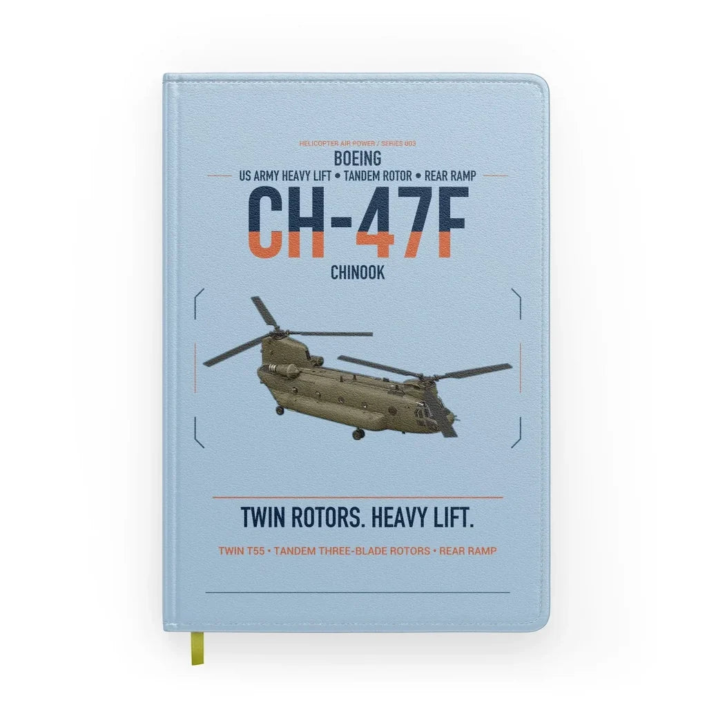 Boeing CH-47F Chinook design on light blue notebook