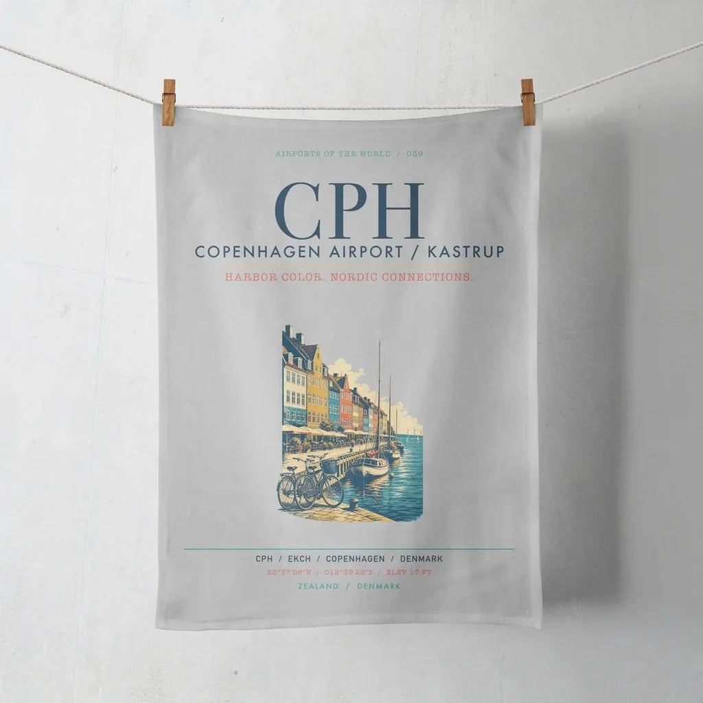 Copenhagen Airport Kastrup (CPH) design on light gray towel