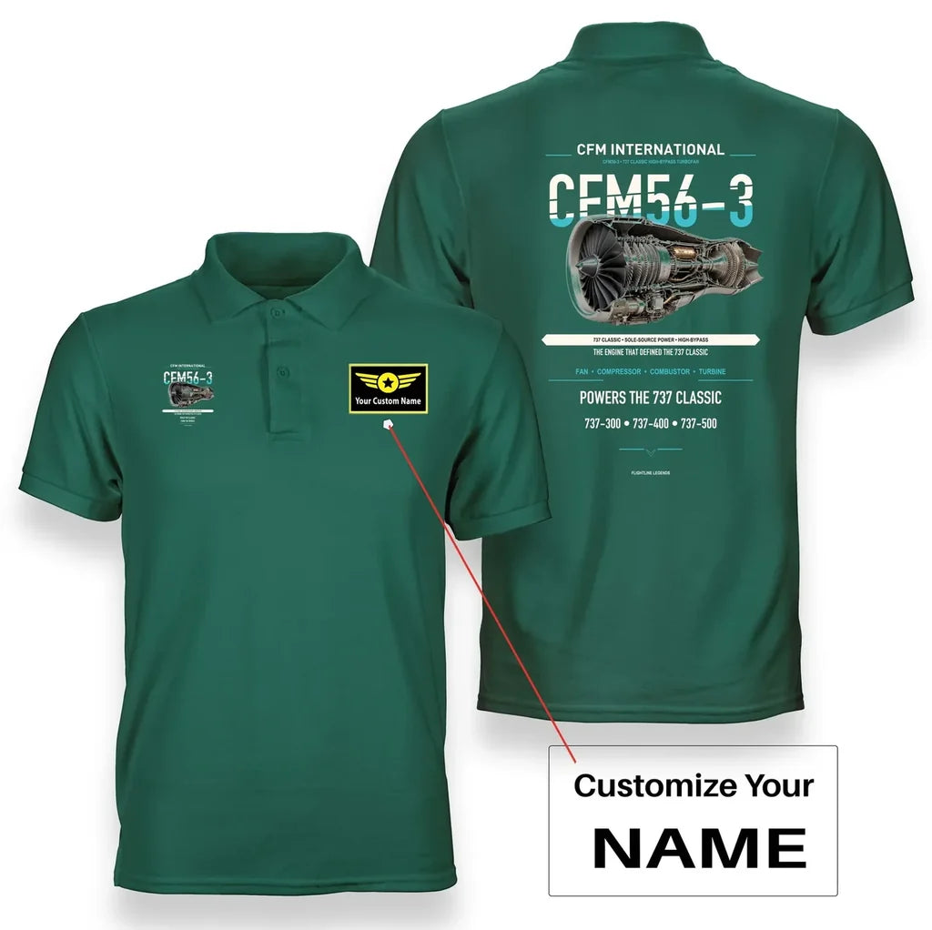 CFM56-3 design on green polo with custom name badge