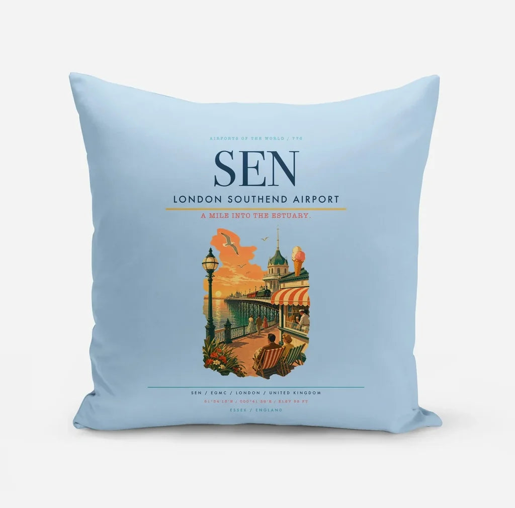London Southend Airport (SEN) design on light blue pillow