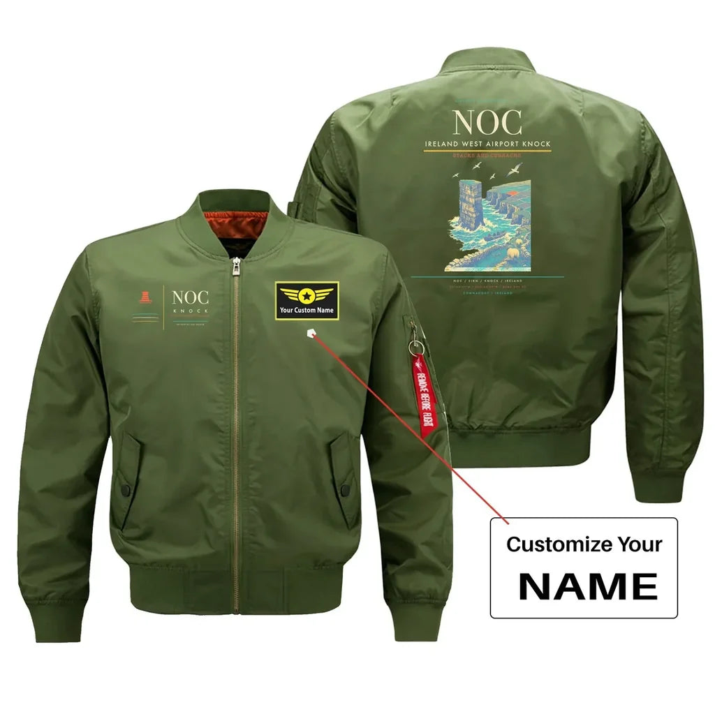 Ireland West Airport Knock (NOC) design on green bomber jacket with custom name patch