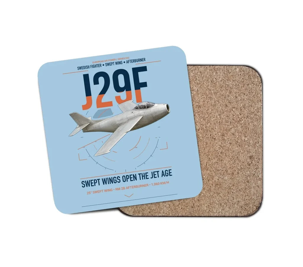 Saab J 29F Tunnan design on light blue 1 piece coaster