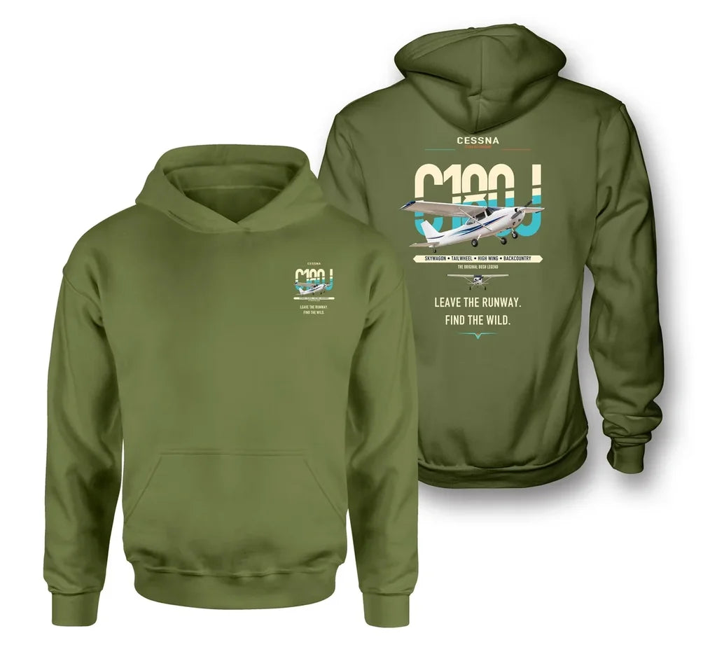 Cessna 180J Skywagon design on green army double-side hoodie, double-side print